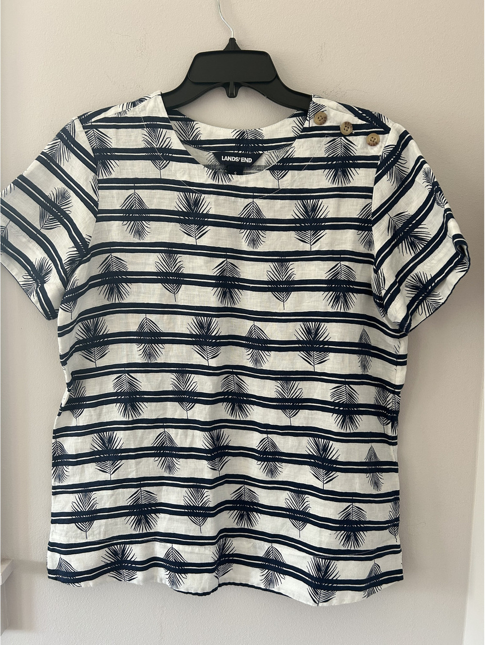 Lands' End 100% Linen Navy and White Striped Shirt w/ Palm Print Women's Size S